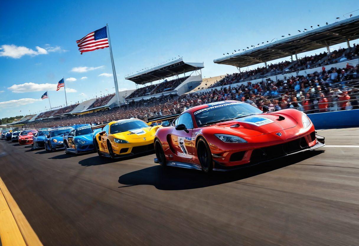 A dynamic scene capturing high-speed race cars tearing around the Mid-America Motorplex track, surrounded by cheering fans in vibrant colors. Include dramatic close-ups of roaring engines and detailed tire trails, showcasing the excitement of motorsport culture. Add flags waving in the background, with a blue sky overhead. super-realistic. vibrant colors. high contrast.