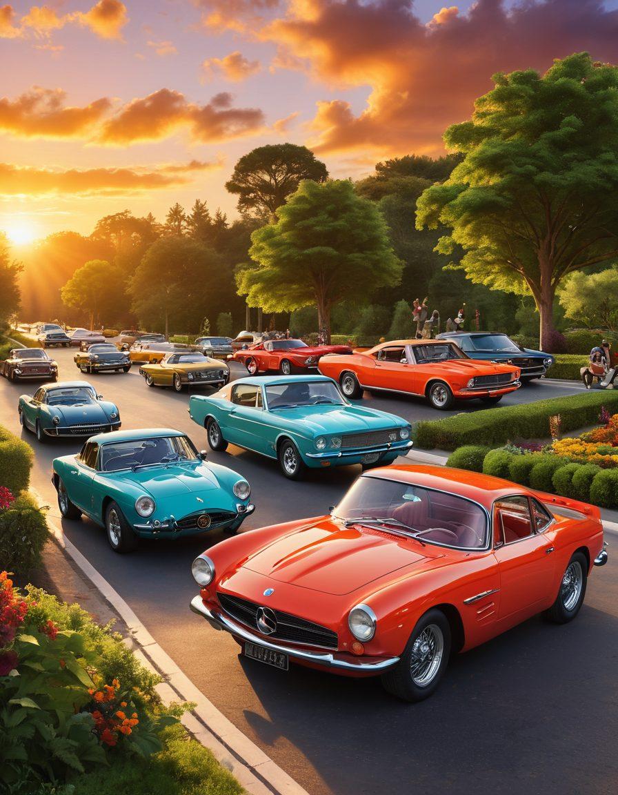 A dynamic scene showcasing a diverse group of car enthusiasts gathered around a variety of classic and modern vehicles. The backdrop features a vibrant sunset with a winding road and lush greenery, capturing the passion of the car community. Include elements like smiling faces, tools, and car parts to emphasize teamwork. The atmosphere should feel energetic and inviting. super-realistic. vibrant colors.