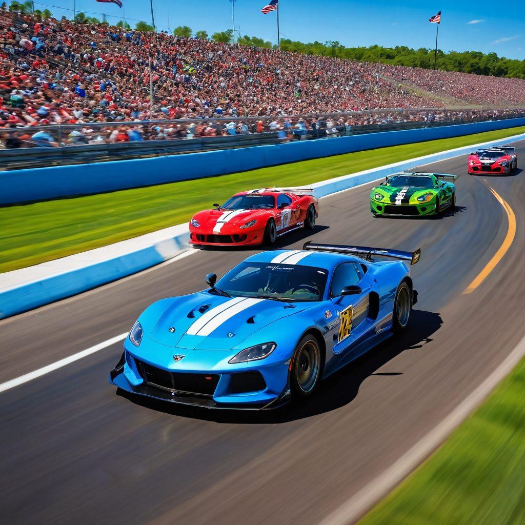 An exhilarating scene capturing the excitement of Mid-America Motorplex with sleek race cars speeding around a winding track, spectators cheering in the foreground. Include vivid flags waving, bright blue skies, and a hint of the surrounding lush green landscape. The image should evoke adrenaline and passion for motorsport. super-realistic. vibrant colors. dynamic composition.